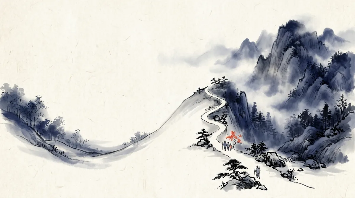 Ink-wash painting of a valley whose far slope becomes a path rising into the mountains, like a dipping tone turning into a rising one