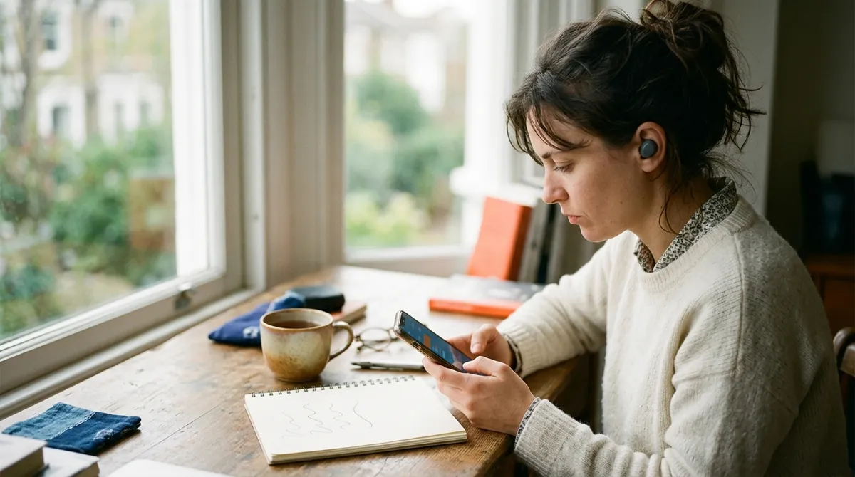 A learner wearing earbuds listens on a phone at a window desk, beside a notebook with hand-drawn wavy pitch lines and a cup of tea