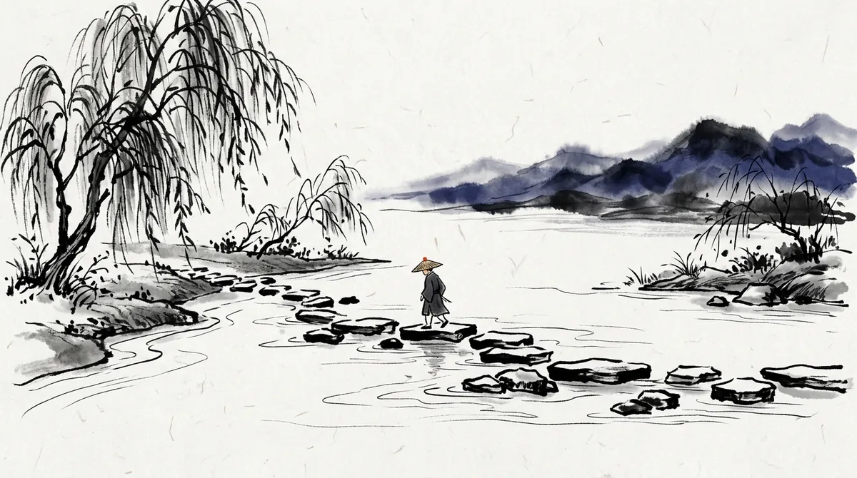 Ink-wash painting of a traveller in a straw hat crossing a river on stepping stones, with willows on the bank and mountains beyond