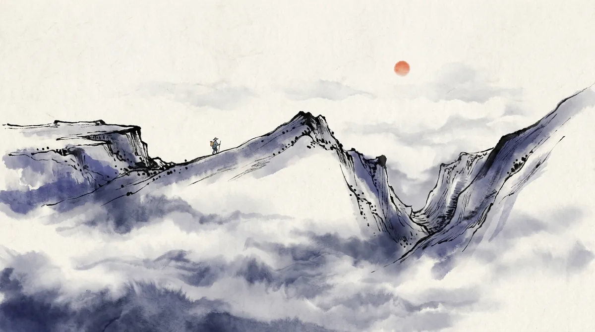 Ink-wash painting of a traveller walking along a mountain ridge that runs level, climbs, then dips into a deep valley and rises again