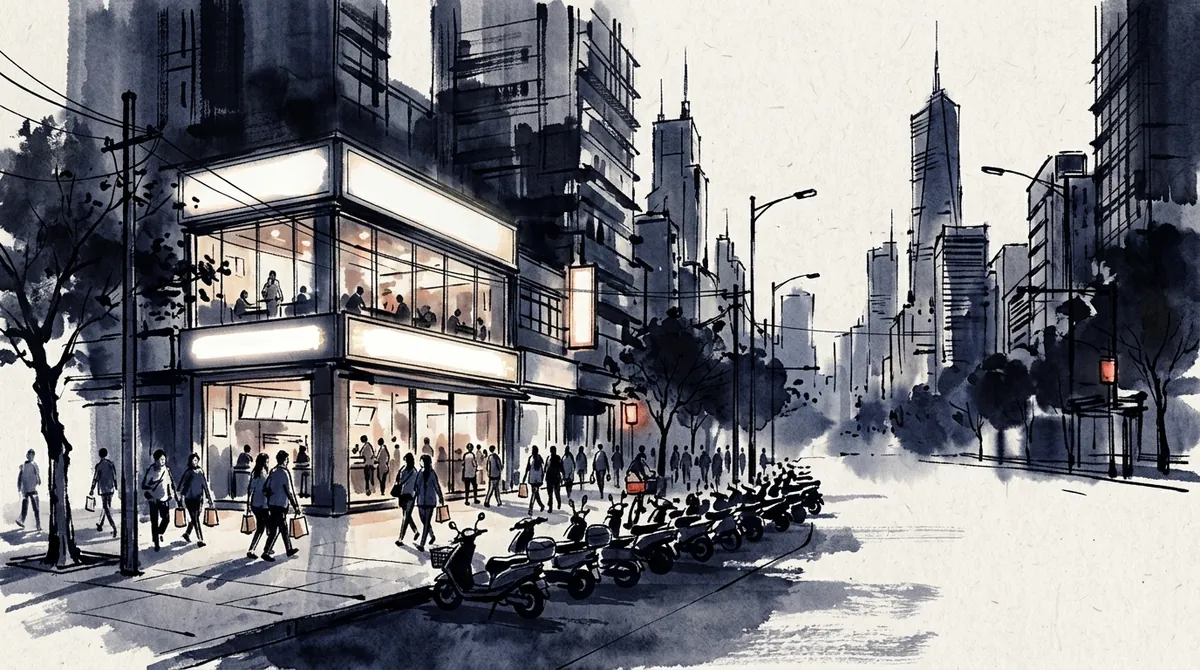 Ink-wash illustration of a brightly lit restaurant on a busy city street corner at dusk