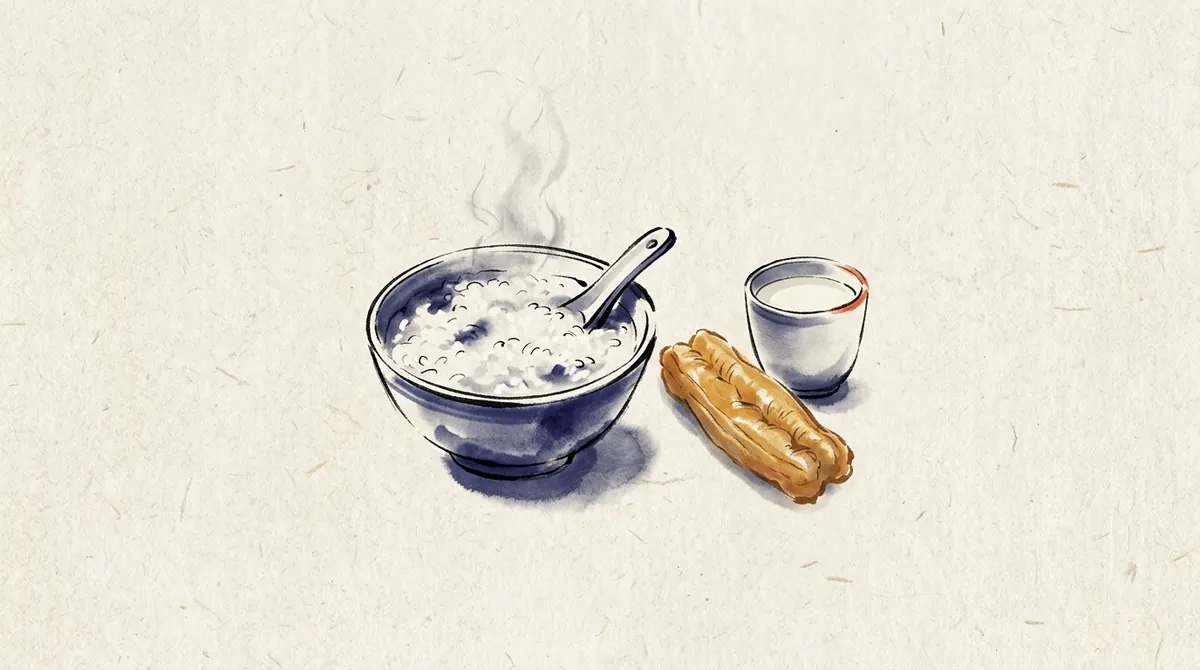Ink-wash illustration of a bowl of congee with a fried dough stick and a cup of soy milk