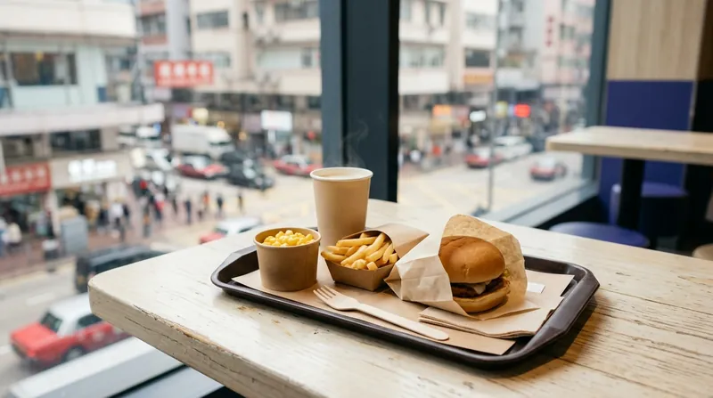 A fast-food tray by a window in a Chinese city: a burger, fries, a cup of sweetcorn and a hot drink