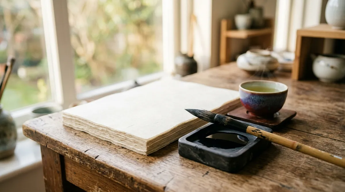 A calligraphy brush on an ink stone beside a stack of blank rice paper and a cup of tea
