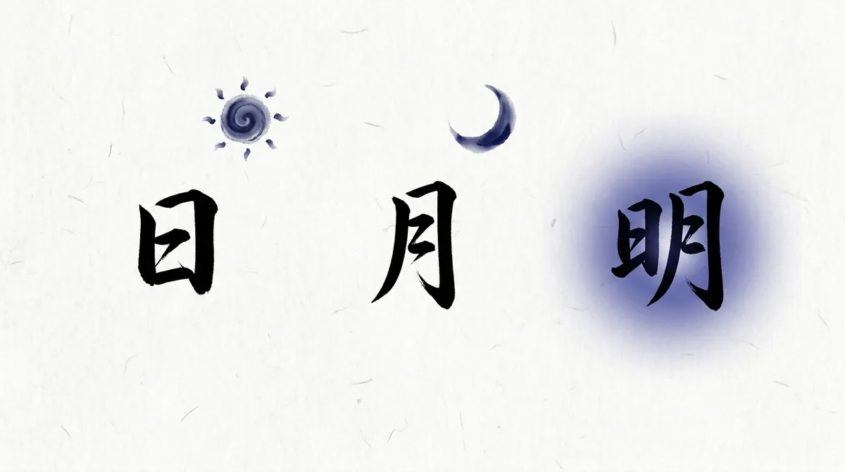 The characters 日 (sun), 月 (moon) and 明 (bright) in ink, with a small sun above 日 and a crescent moon above 月