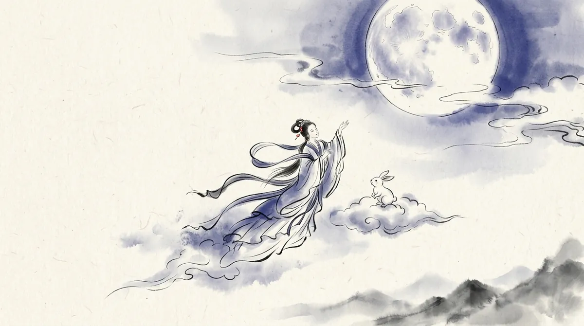 Ink-wash painting of the moon goddess Chang'e drifting up towards the full moon, with a white rabbit on a cloud