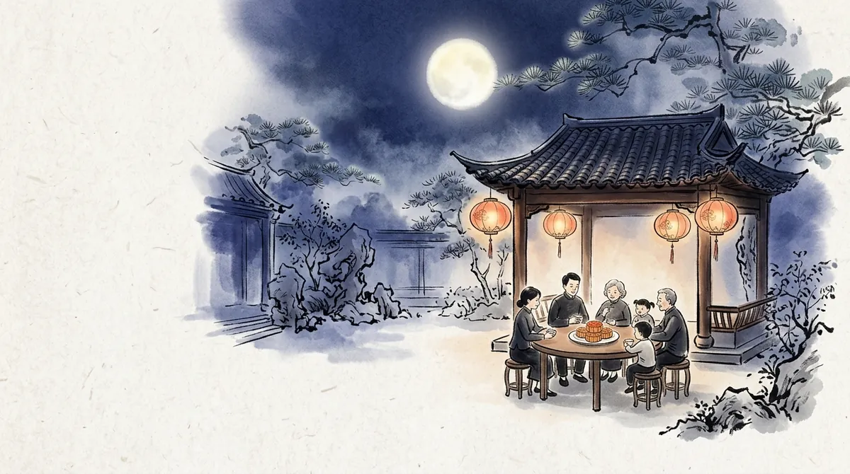 Ink-wash painting of a family sharing mooncakes around a table in a lantern-lit courtyard under the full moon