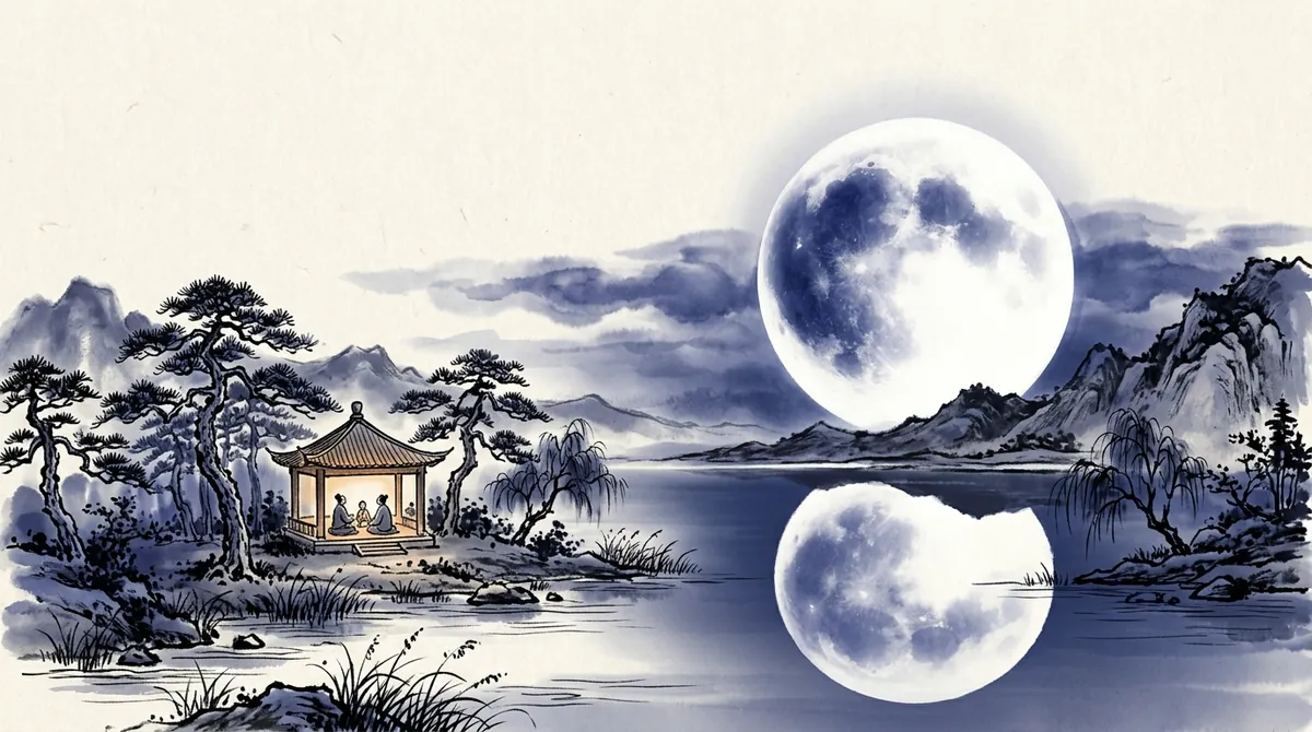 Ink-wash painting of a full moon rising over a lake, reflected in the water, with a pavilion on the shore