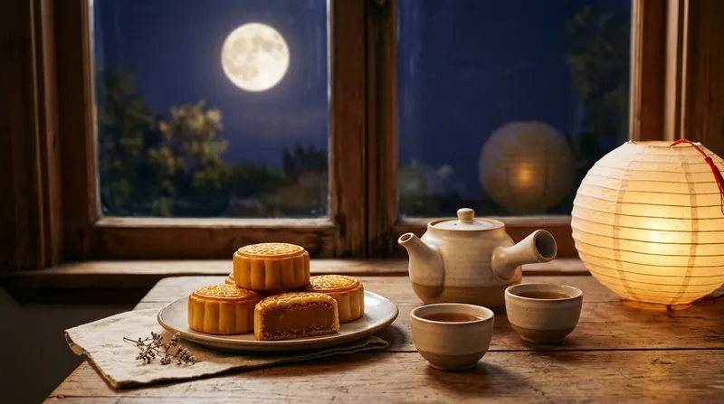 Mooncakes, tea and a glowing paper lantern on a table by a window, with the full moon outside