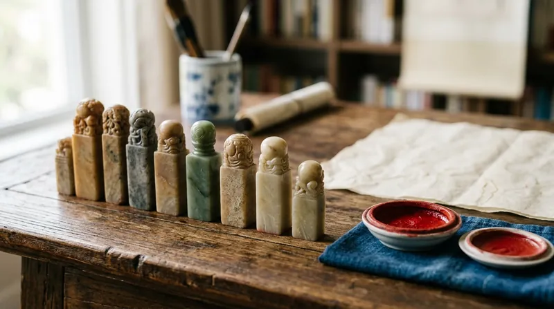 A row of carved stone name seals on a wooden desk beside red seal paste and a sheet of paper
