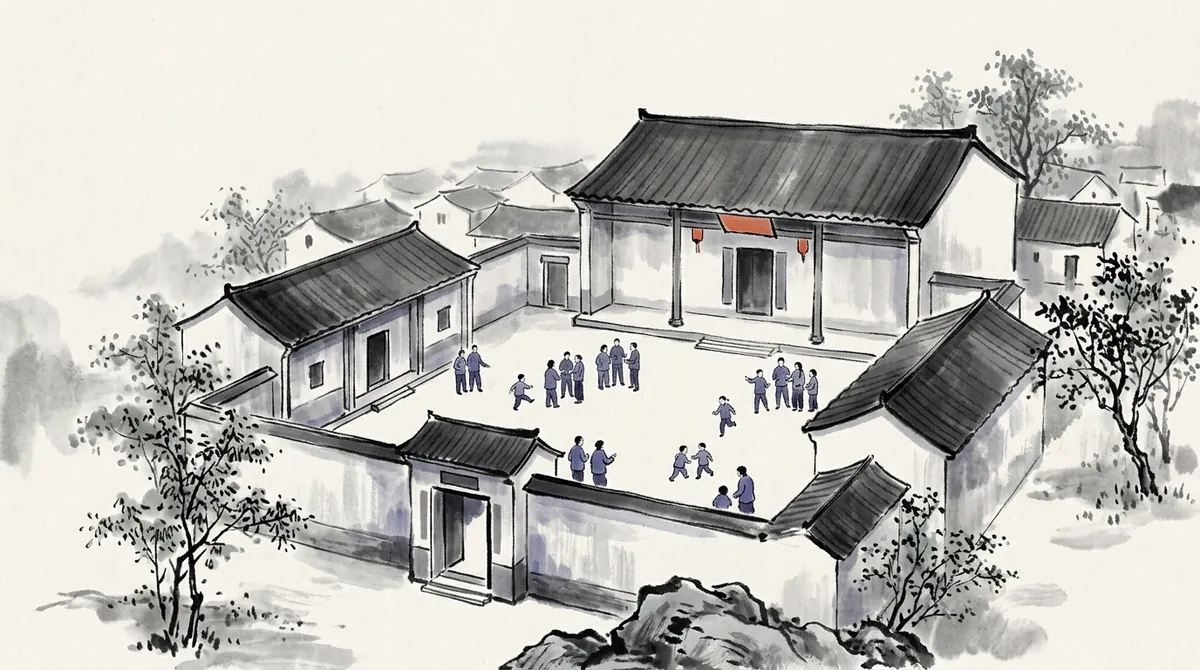 Ink-wash illustration of families gathering in the courtyard of a village ancestral hall