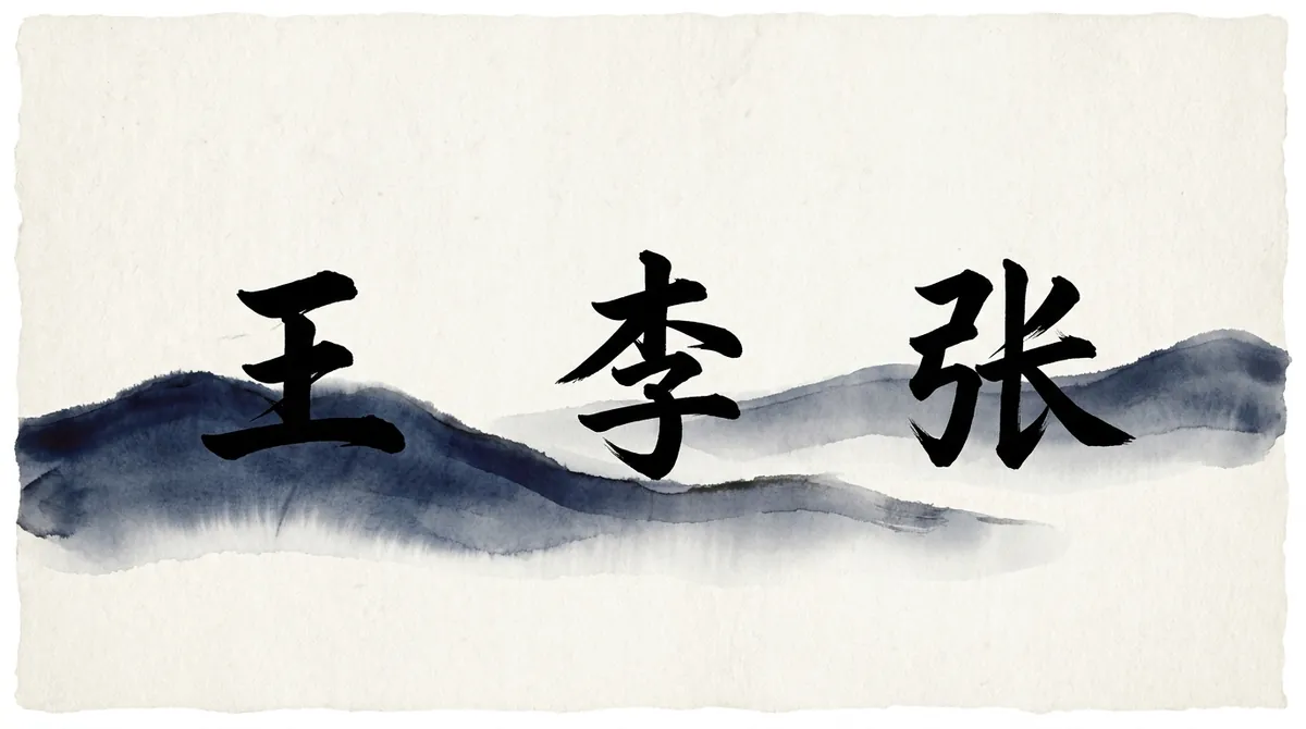 The surnames 王, 李 and 张 (wáng, lǐ, zhāng) in brush calligraphy in front of ink-wash hills