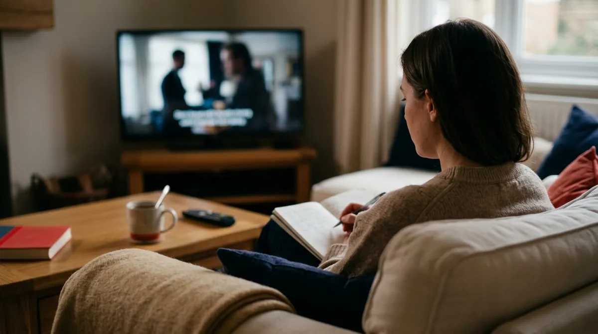 A learner on a sofa taking notes in a notebook while watching a subtitled drama on a television, with a mug of tea and a remote on the table