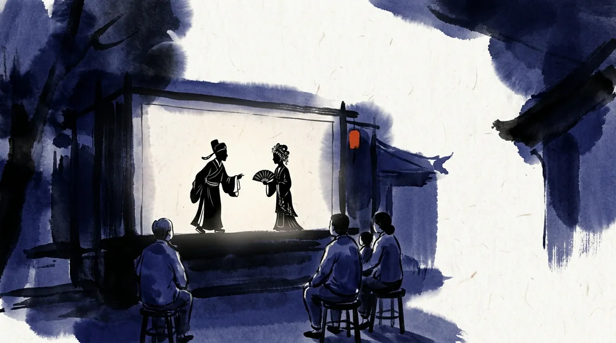 Ink-wash painting of an audience on stools watching two shadow puppets on a lit screen at night, beside a red lantern