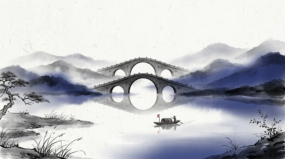 Ink-wash painting of two arched stone bridges, one behind the other, reflected in a still river with a small boat passing