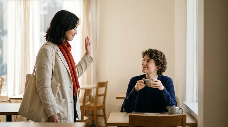 A woman arriving at a café waves hello to a friend seated with a cup of tea