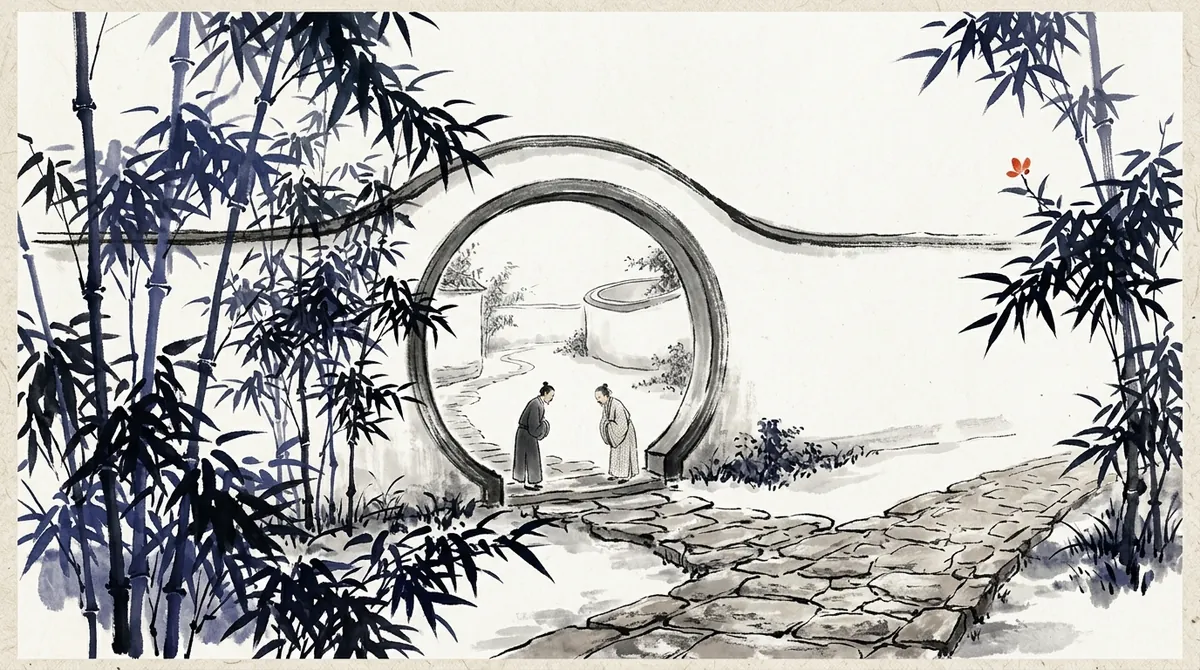 Ink-wash painting of two people greeting each other at the round moon gate of a courtyard garden