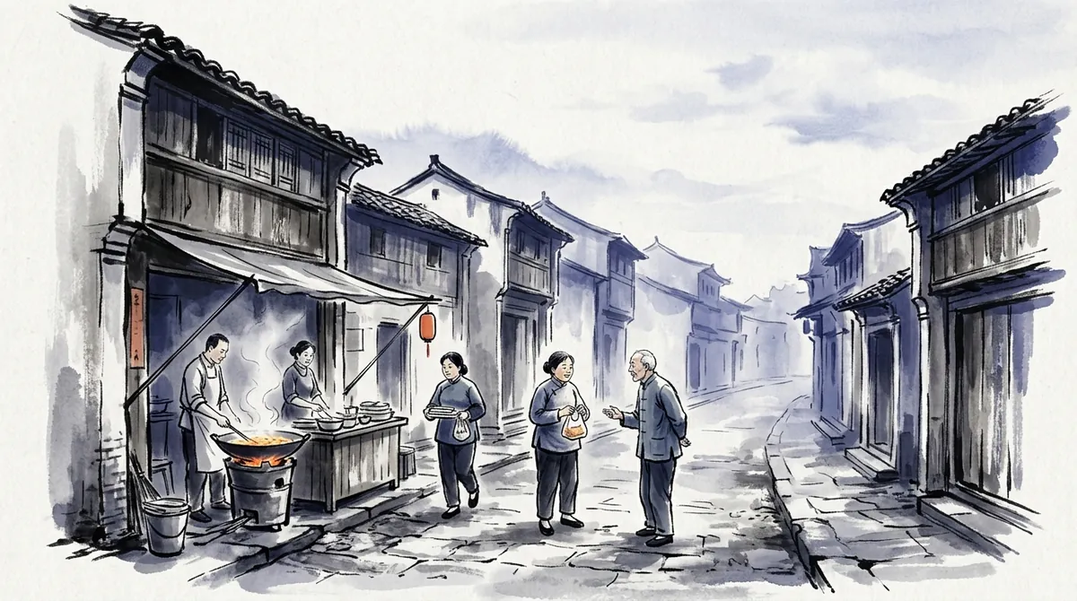 Ink-wash painting of neighbours greeting each other at a morning breakfast stall in an old street