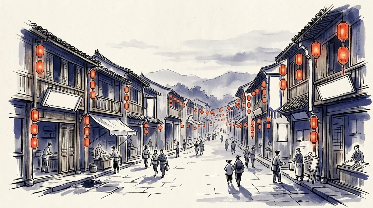 Ink-wash illustration of a traditional Chinese shopping street hung with red lanterns