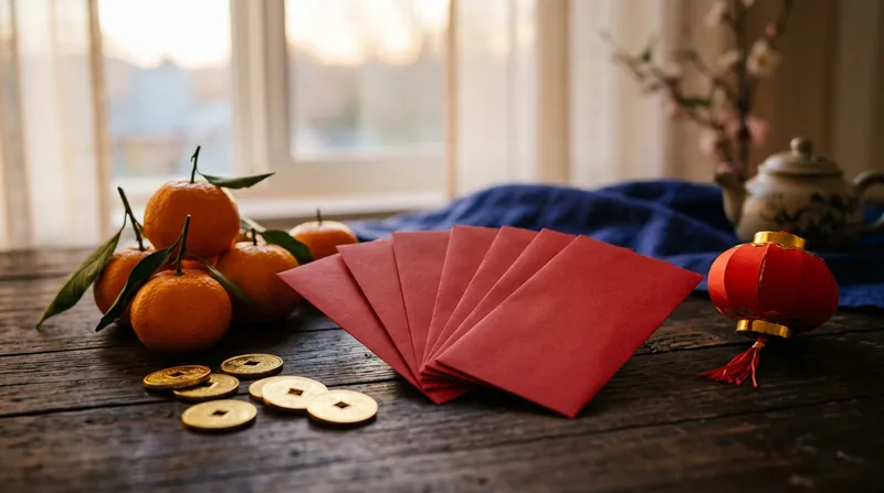 Red envelopes, mandarin oranges, gold coins and a red paper lantern on a wooden table