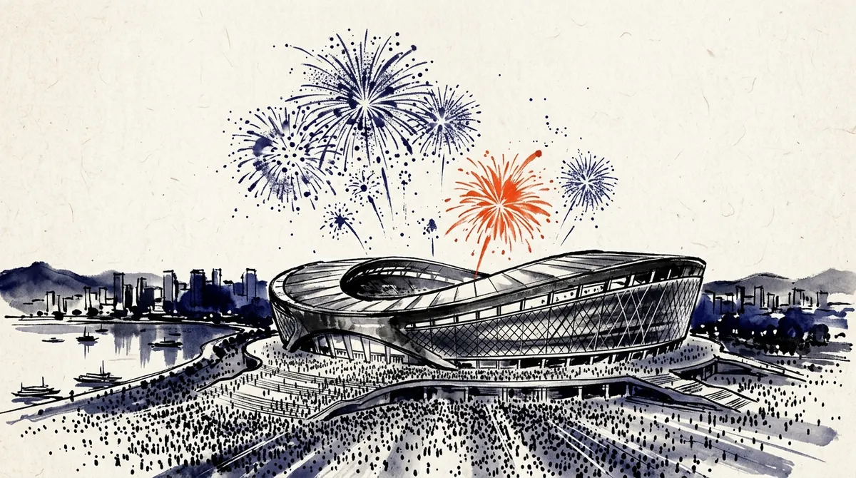 Ink-wash illustration of fireworks bursting over a modern stadium at night