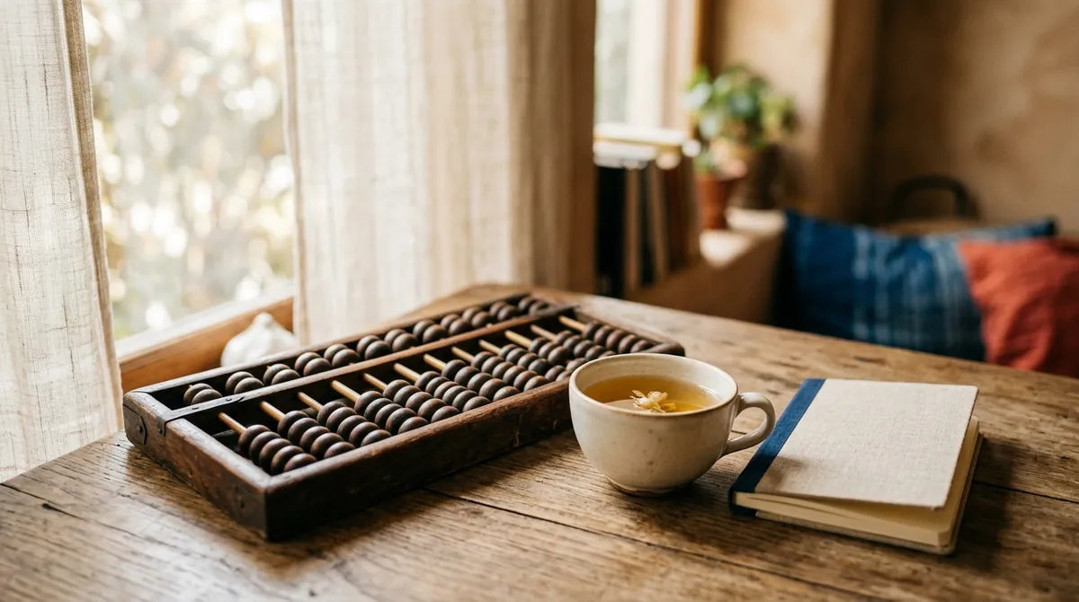 An old wooden abacus on a table beside a cup of jasmine tea and a notebook