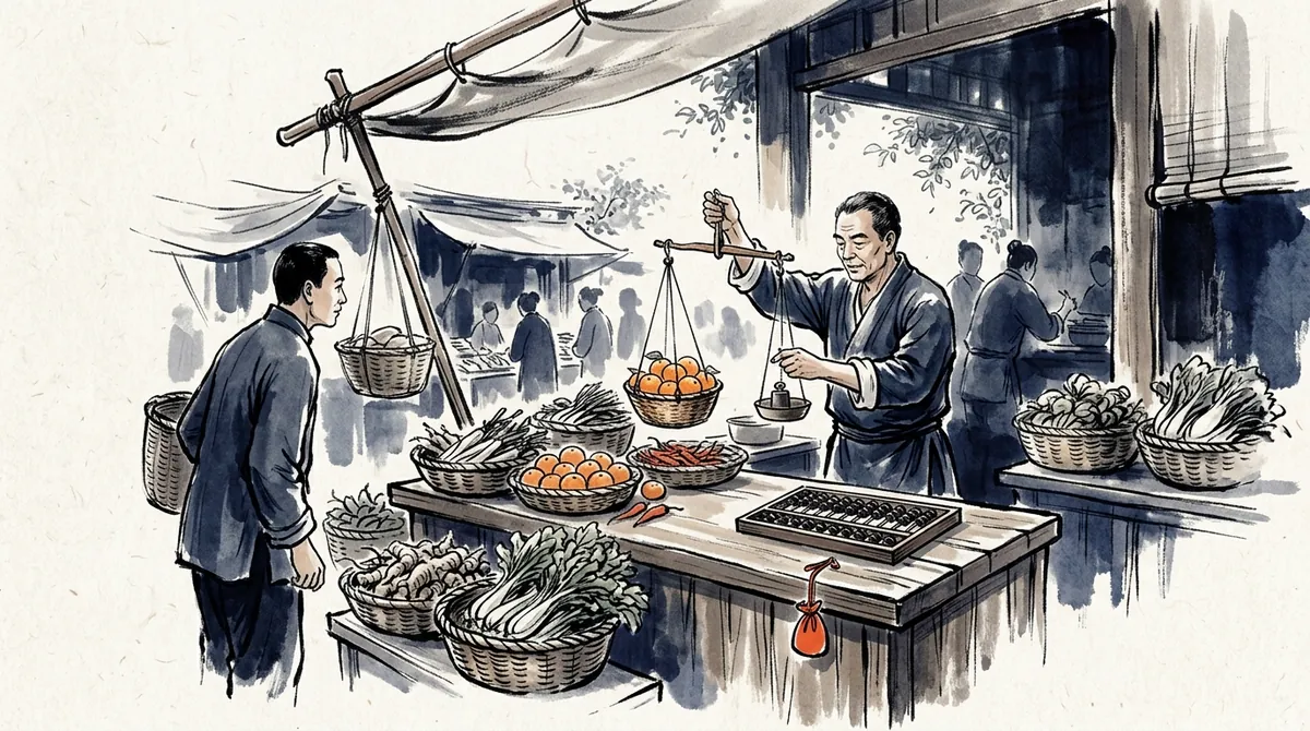 Ink-wash illustration of a market stall where a shopkeeper weighs oranges on a hand scale, with an abacus on the counter