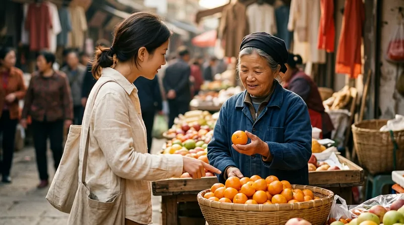 A traveller pointing at a basket of mandarins at a market stall while the stallholder holds one up
