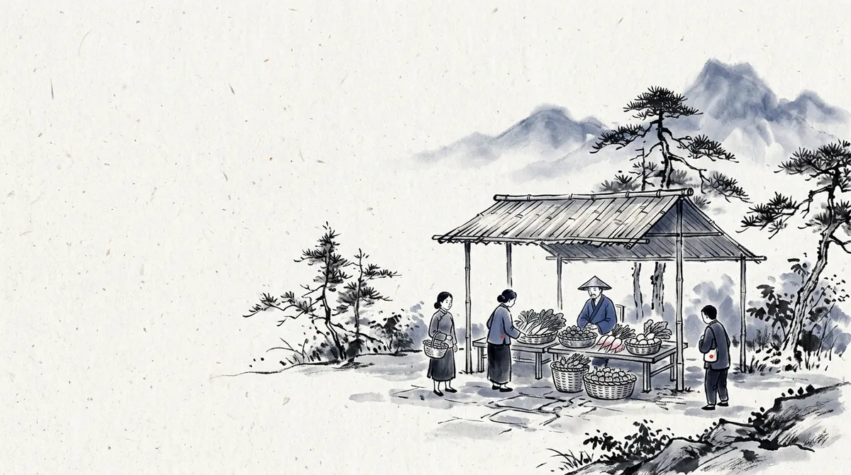 Ink-wash painting of a simple market stall with baskets of fruit and vegetables