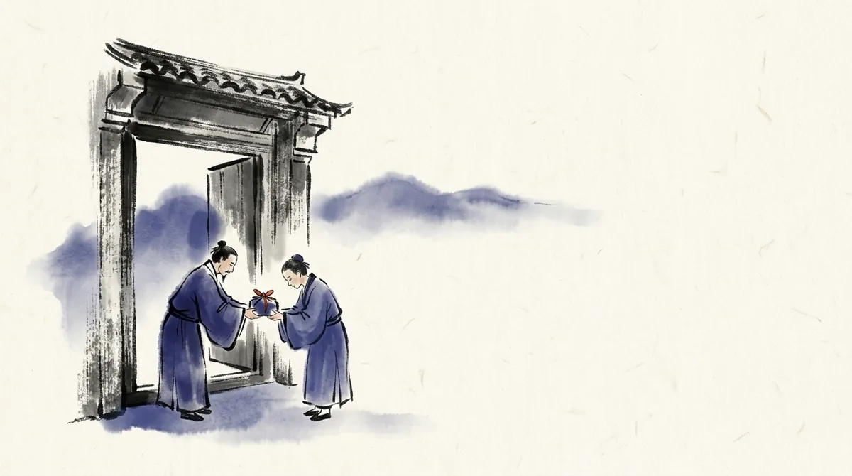 Ink-wash painting of two people nodding thanks as a small parcel is handed over at a gateway
