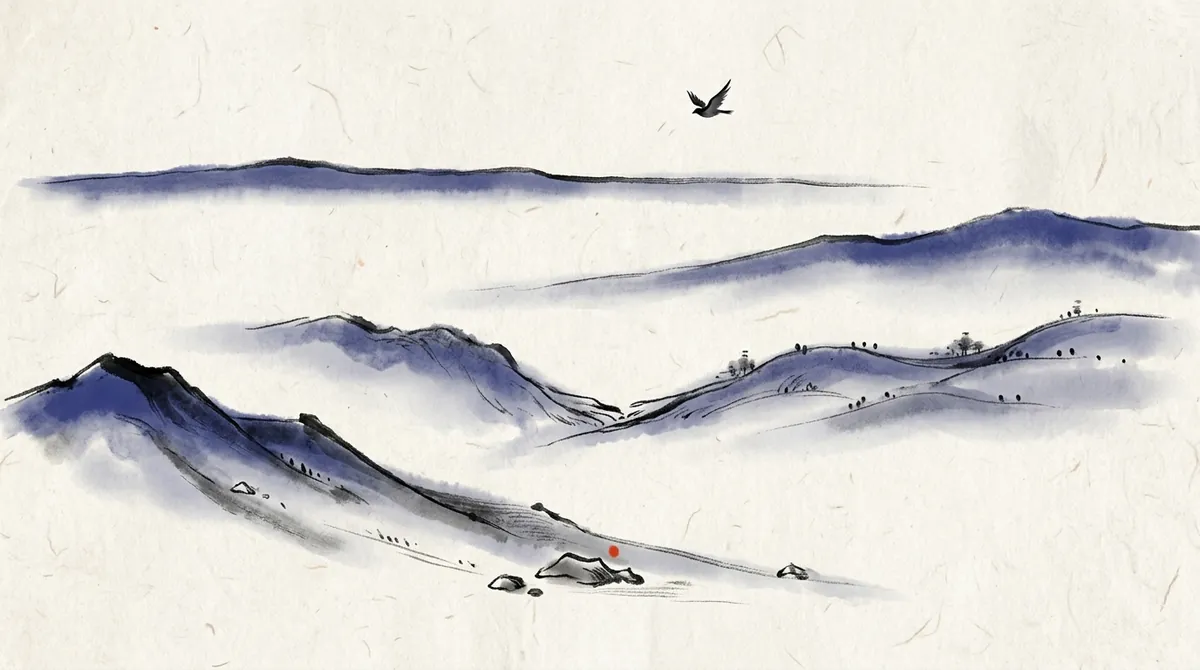 Ink-wash painting of four mountain ridges, one level, one rising, one dipping and one falling, with a bird flying above