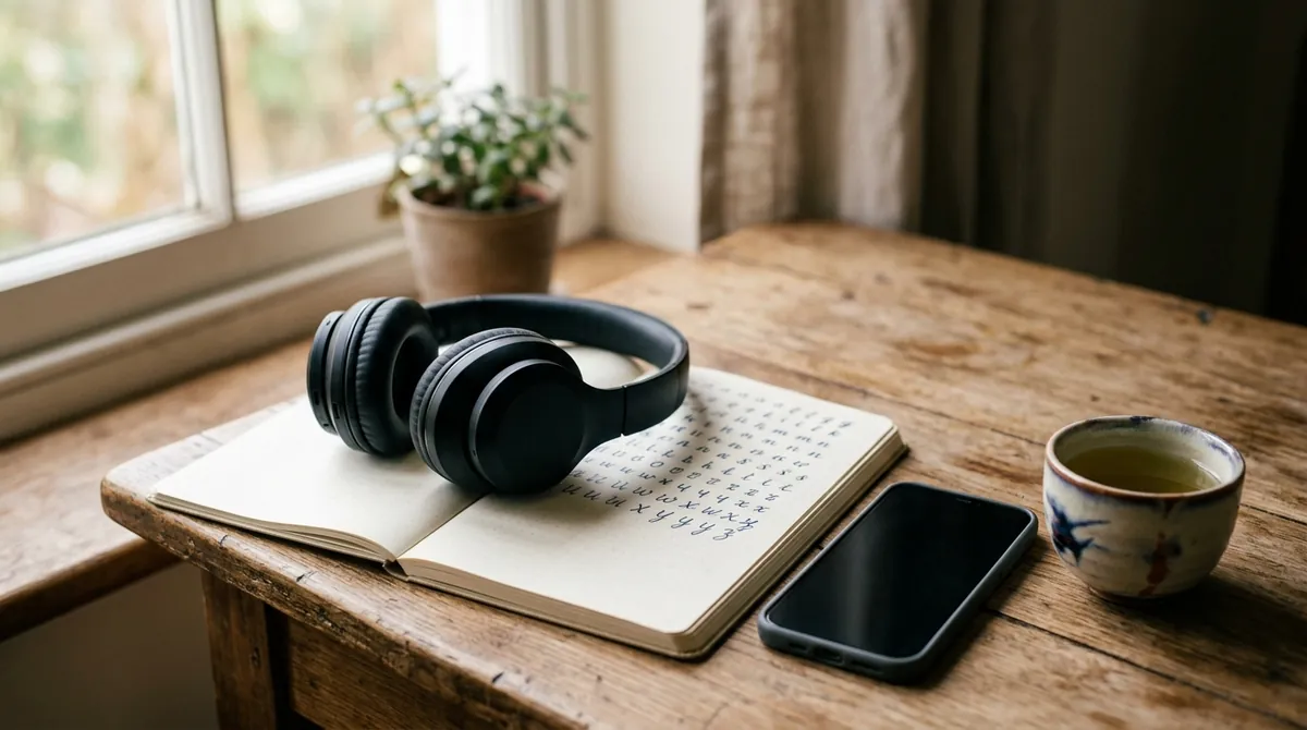 Headphones resting on an open notebook of handwritten letter practice, beside a phone and a cup of green tea on a wooden desk by a window