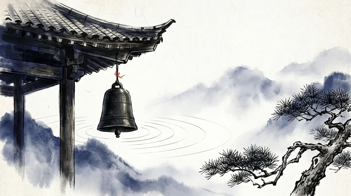 Ink-wash painting of a bronze temple bell under a pavilion eave, with ripples of sound spreading into the mountain mist
