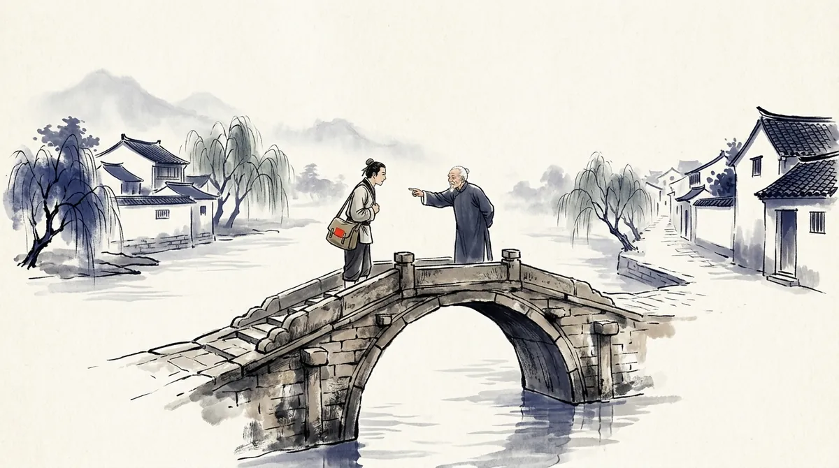 Ink-wash painting of a traveller asking an old man for directions on a stone bridge