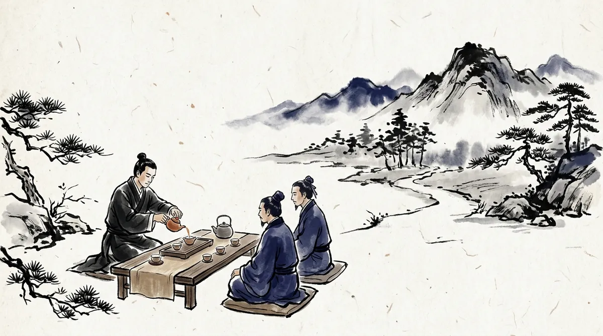 Ink-wash painting of a host pouring tea for two guests at a low table