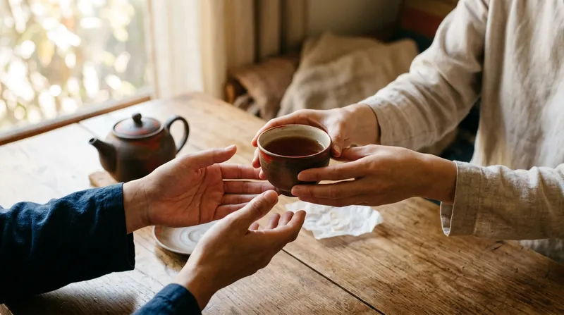Two hands offering a cup of tea with both hands to another person