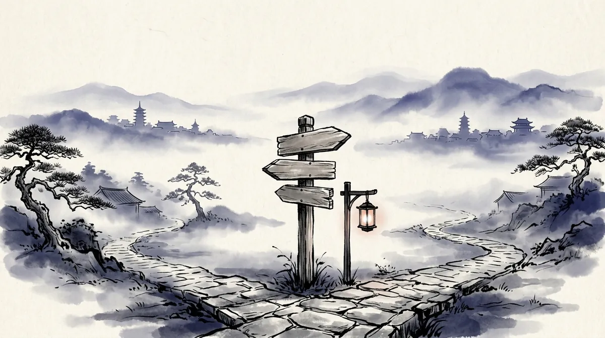 Ink-wash painting of a lantern-lit crossroads with a signpost pointing three ways towards distant towns