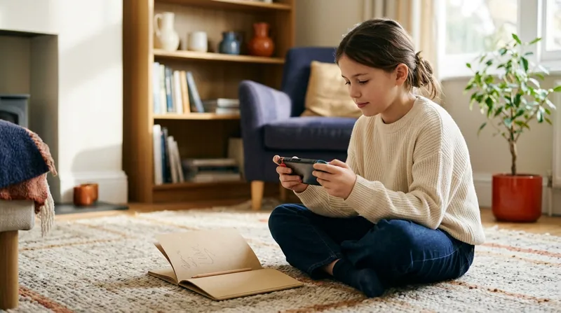 A young learner sitting cross-legged on a rug playing a handheld games console, with a notebook beside her