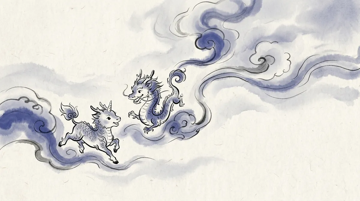 Ink-wash painting of a small qilin and a little dragon playing among swirling clouds
