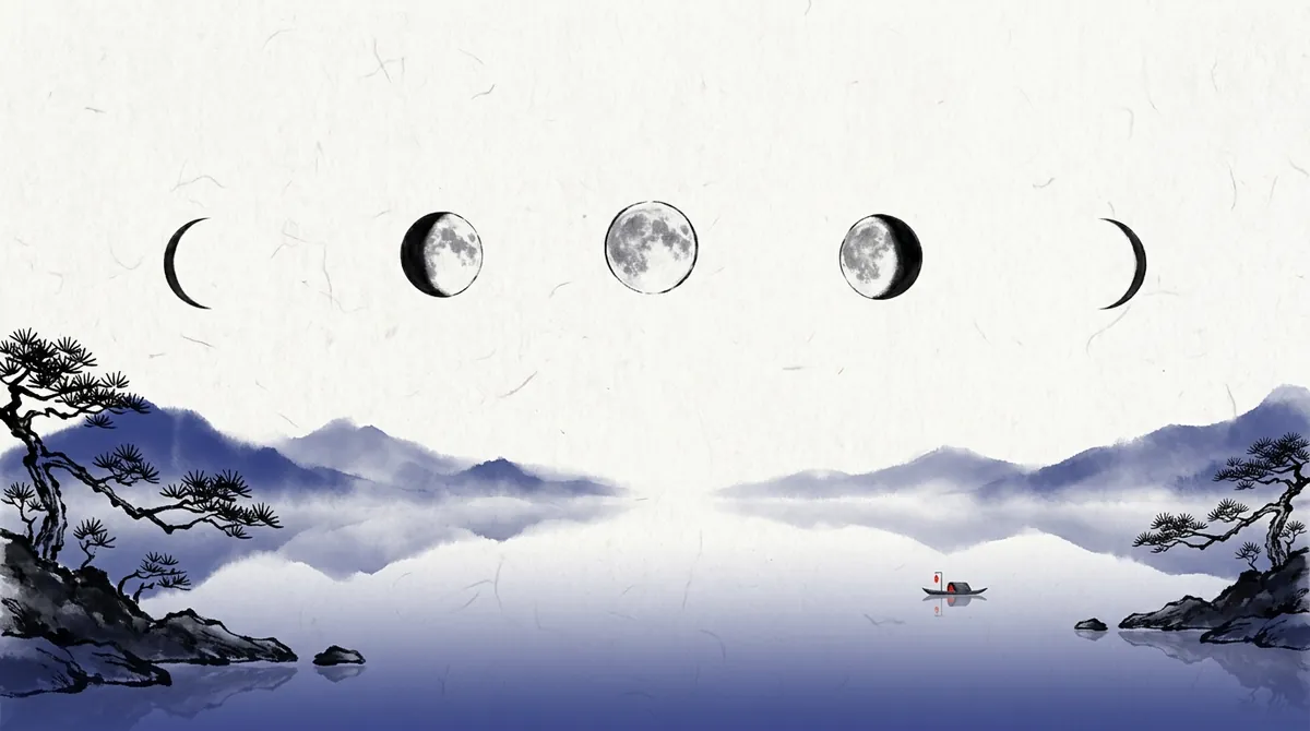 Ink-wash painting of the phases of the moon in a row above a calm lake
