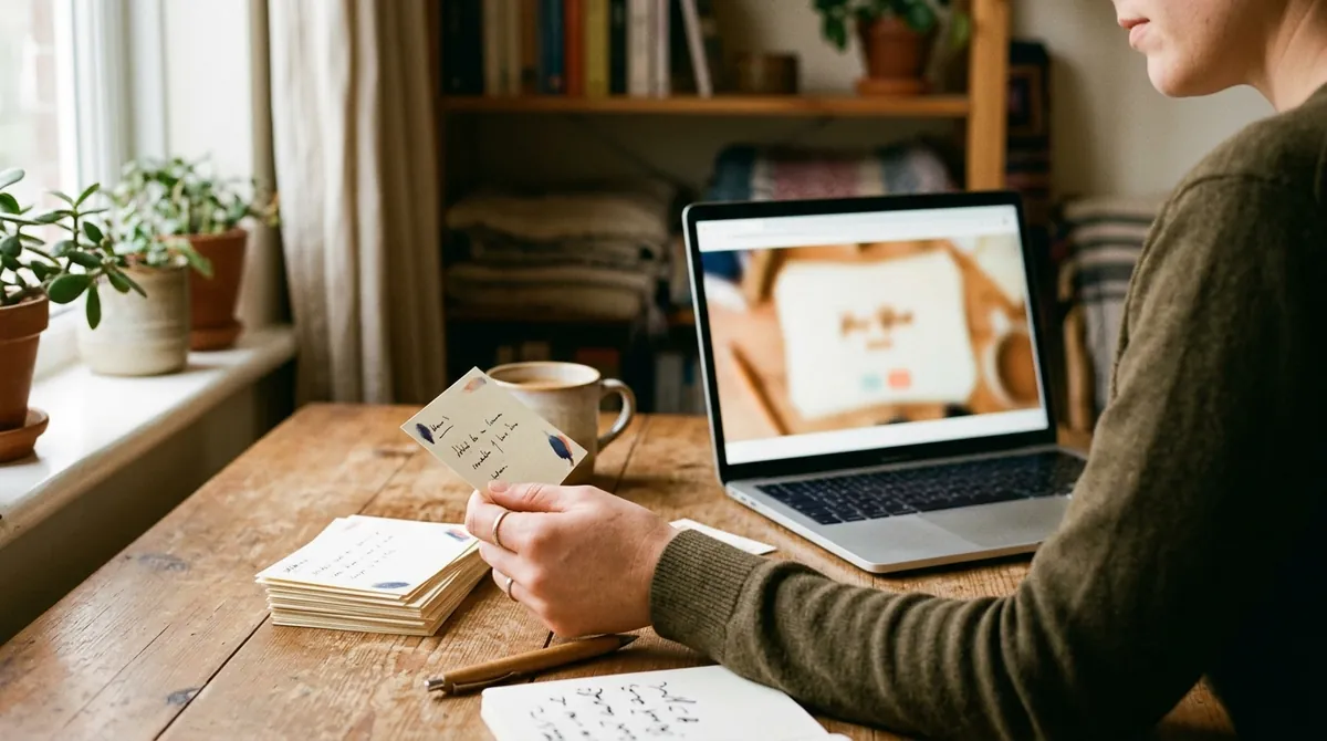 A learner holding a paper flashcard beside a stack of cards and a laptop showing digital flashcards