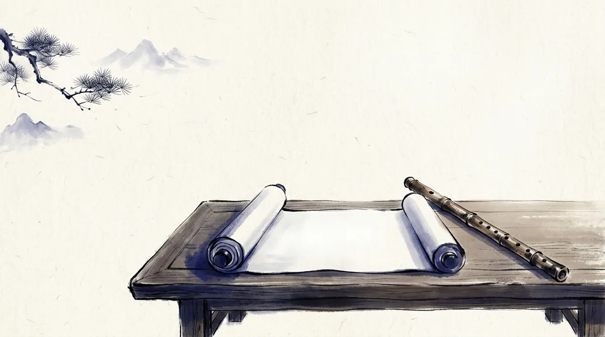 Ink-wash illustration of an open blank scroll and a bamboo flute on a low table