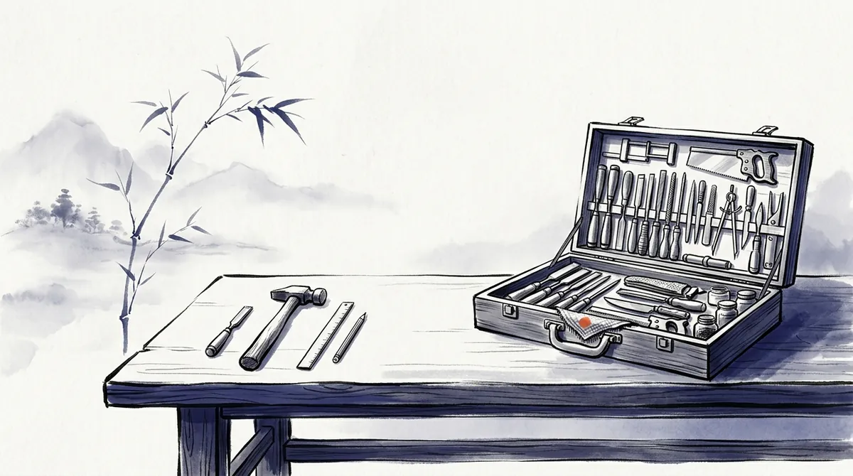 Ink-wash illustration of a few simple tools on a bench beside a large open chest of tools