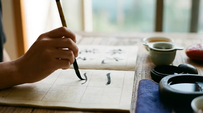 A learner's hand practising Chinese handwriting with a brush pen in a square-grid exercise book