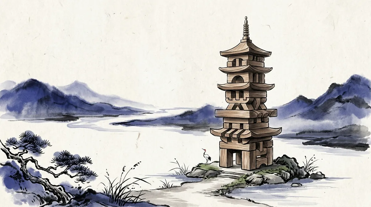 Ink-wash illustration of carved wooden blocks stacked into a small pagoda