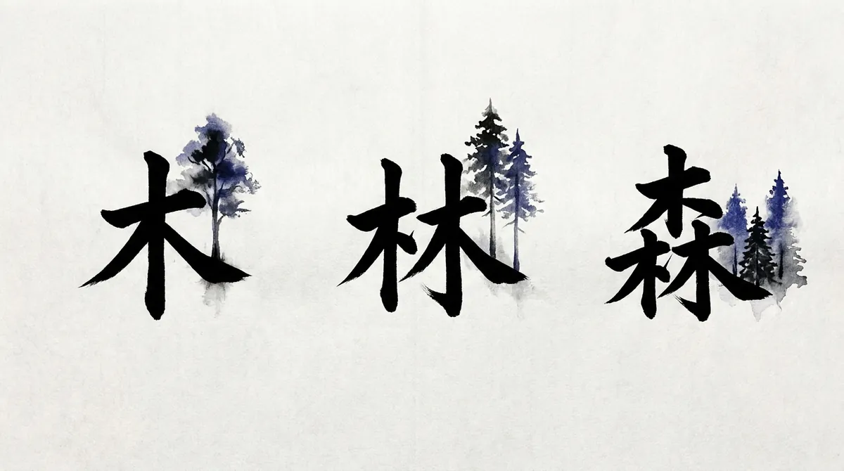 The characters 木 (tree), 林 (woods) and 森 (forest) in ink, each with the matching number of ink-wash trees behind it