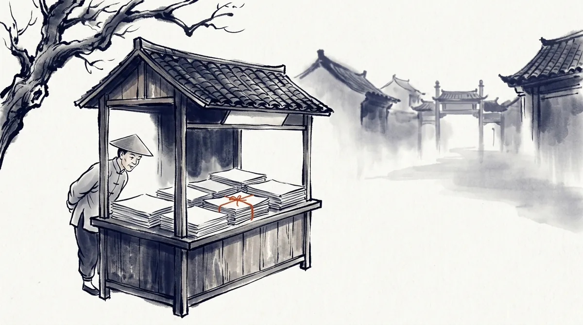 Ink-wash illustration of a newspaper kiosk in an old street