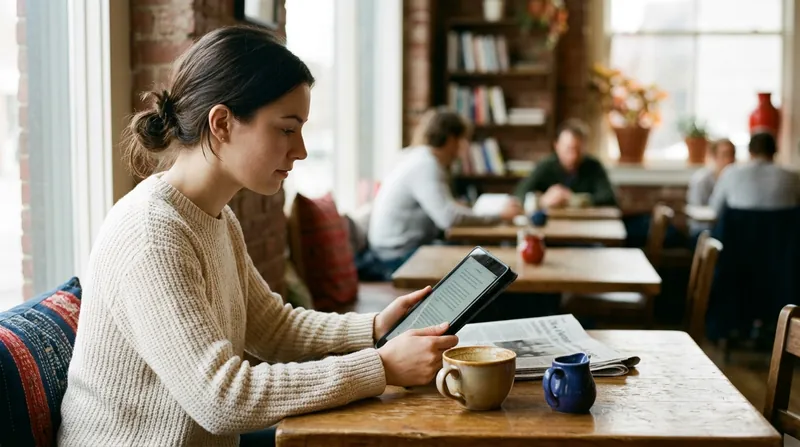 A learner reading a news article on a tablet in a café, with a newspaper and a coffee