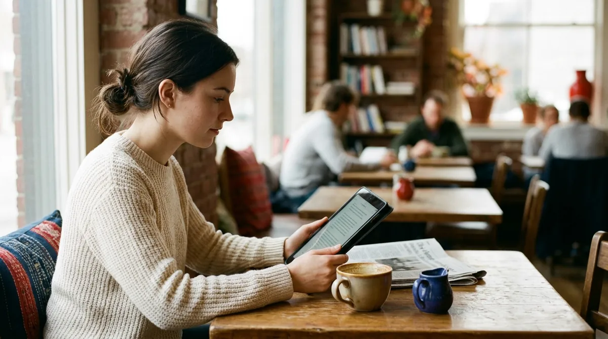 A learner reading a news article on a tablet in a café, with a newspaper and a coffee