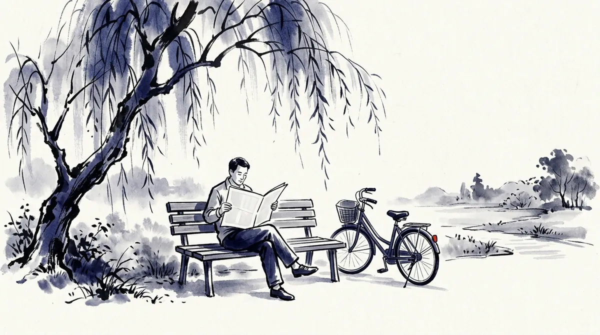 Ink-wash painting of a man reading a newspaper on a bench under a willow